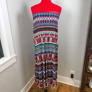 Monsoon Strapless Maxi Dress Tribal Geo Print Stretch Size M